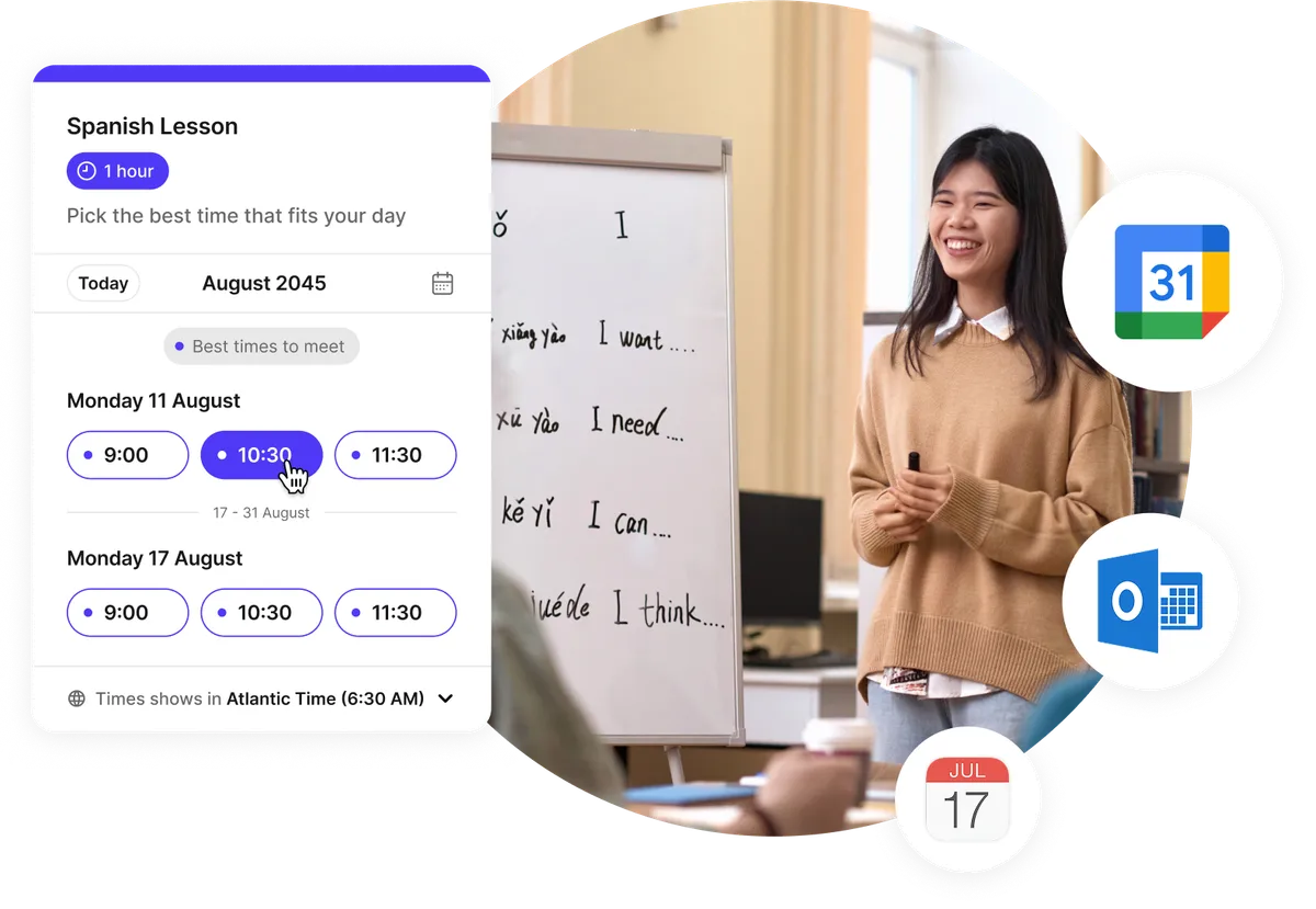 student booking page for language classes