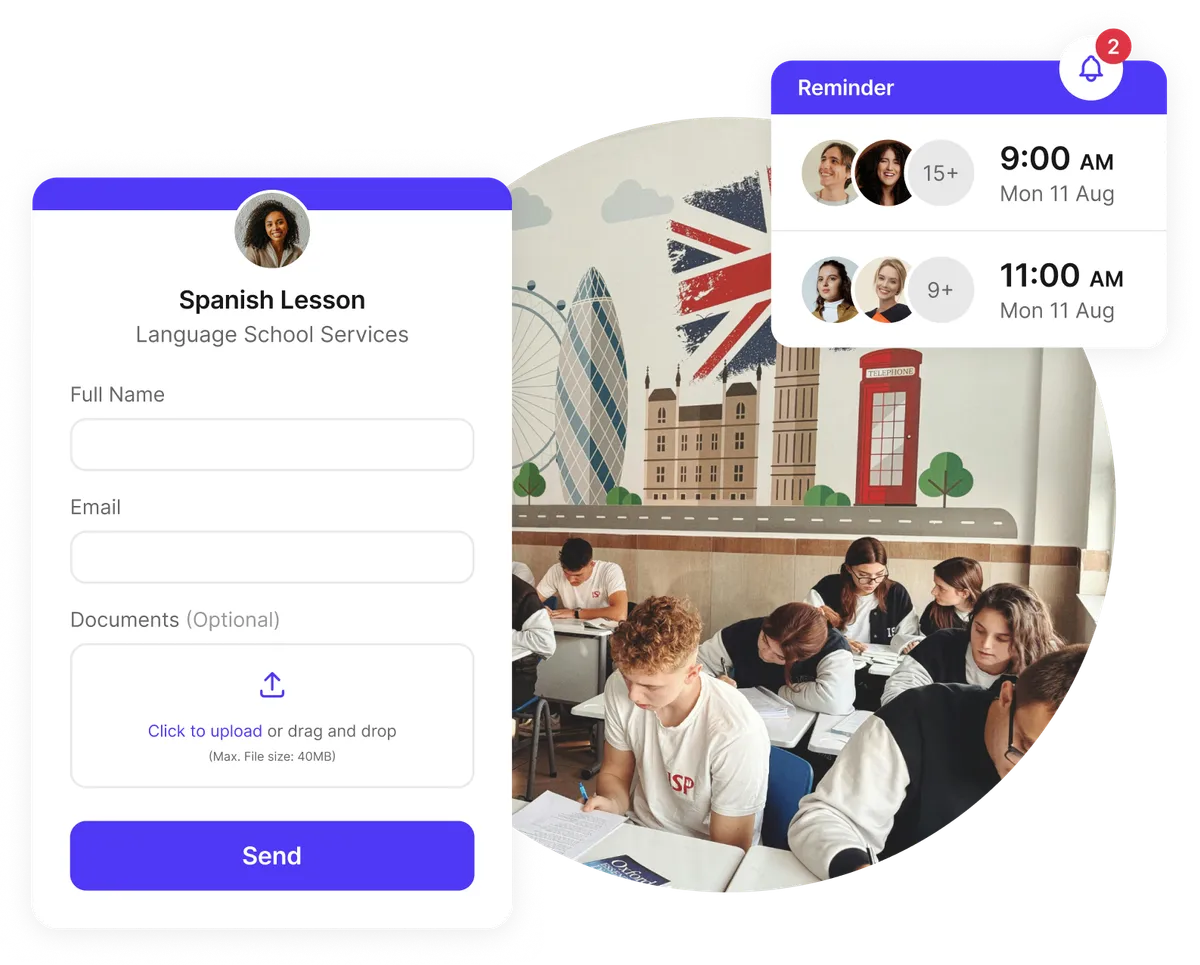 language school booking form with student questions