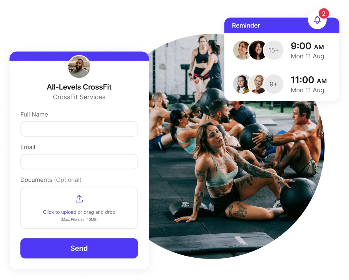 CrossFit booking form with custom questions and file uploads