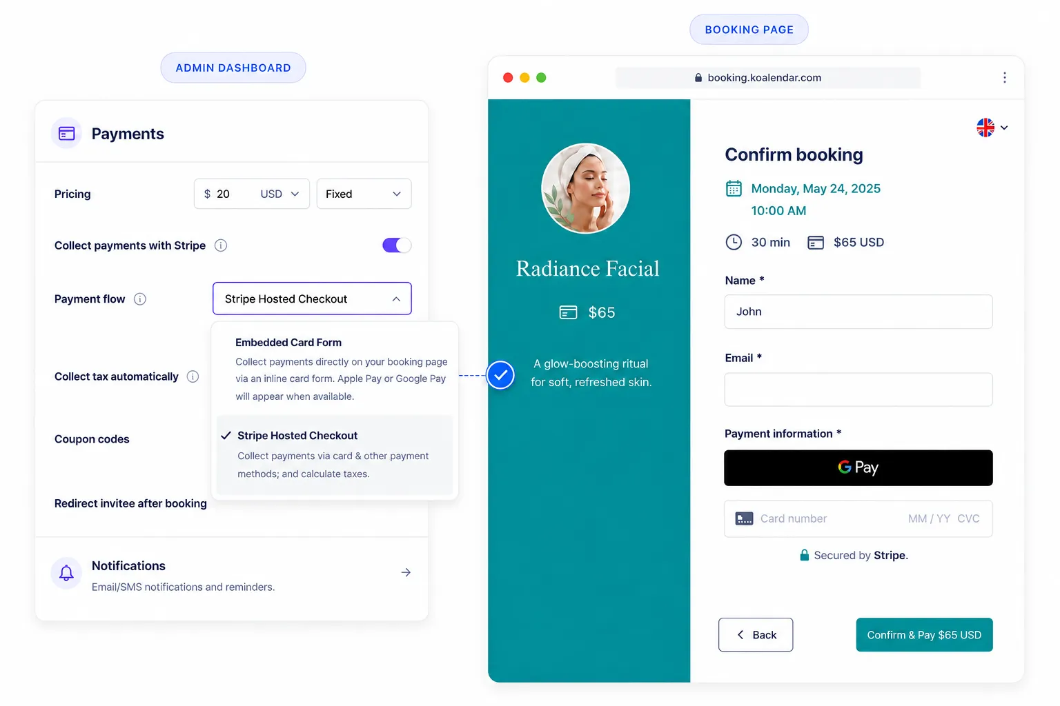 Koalendar booking payment system screenshot