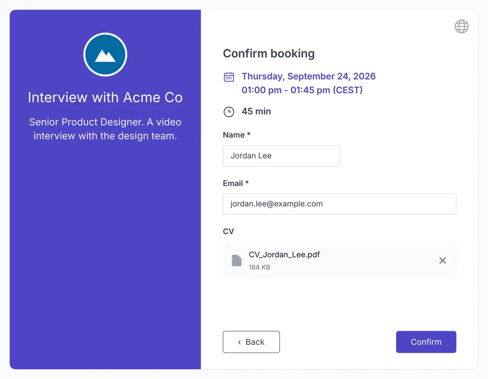 Koalendar booking page screenshot