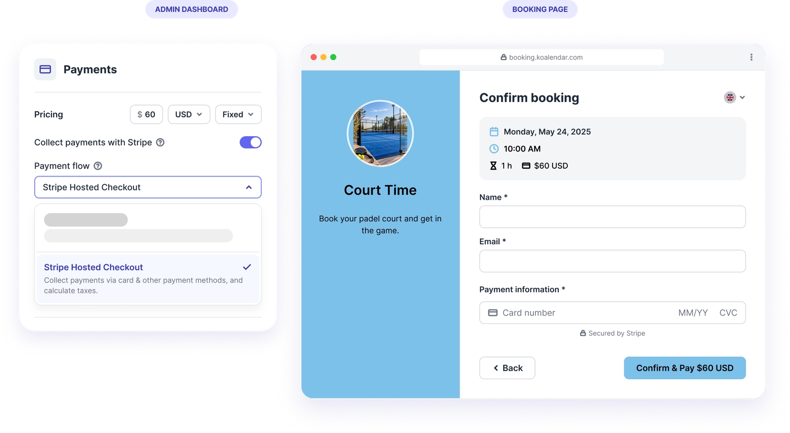 Koalendar booking page with Stripe payment checkout