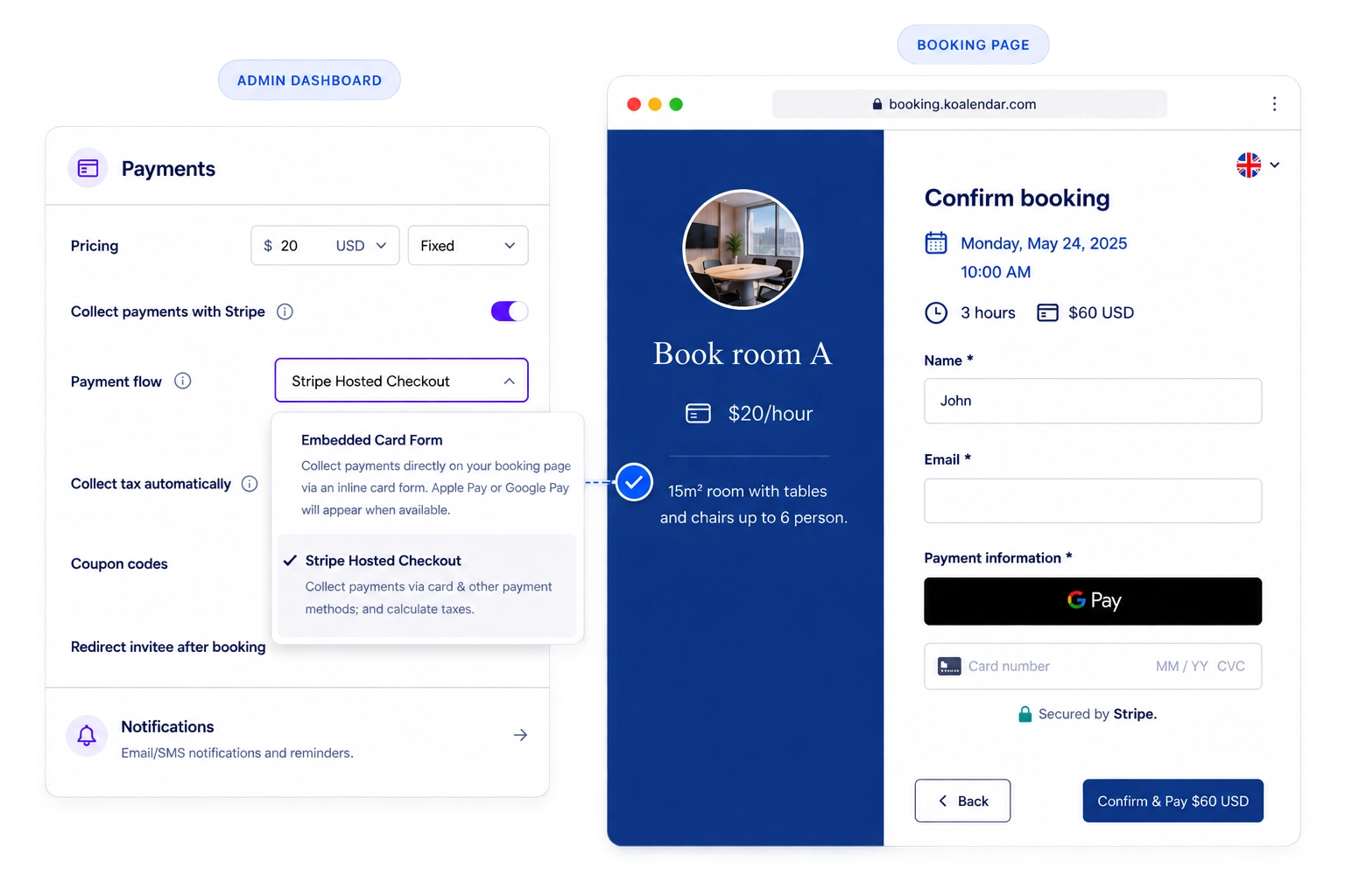 Koalendar booking page with Stripe payment checkout