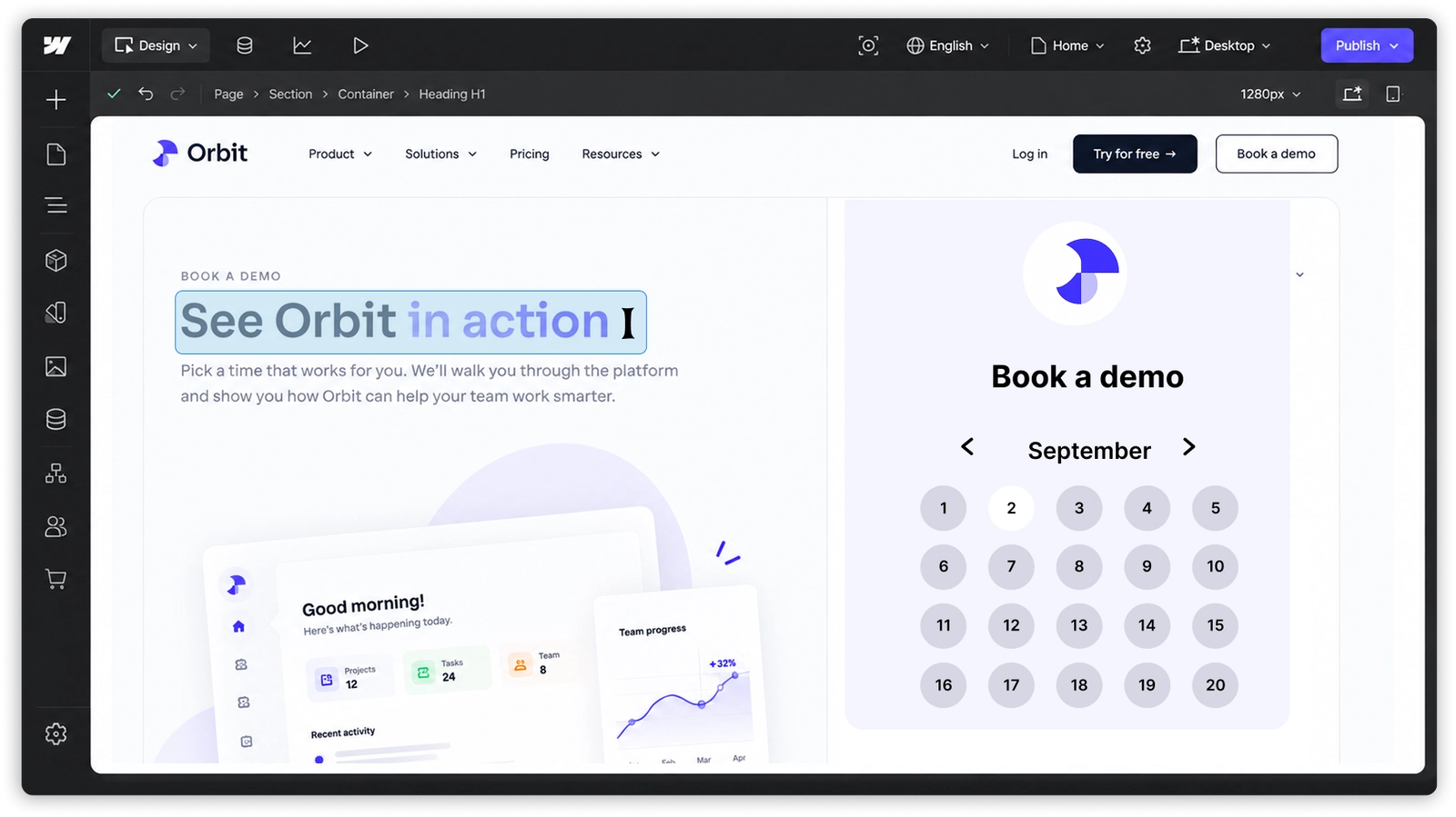 Koalendar booking page embedded on a Webflow site