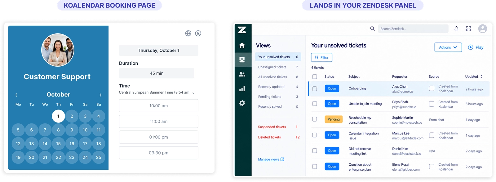 A Koalendar booking creating a ticket in Zendesk through Zapier