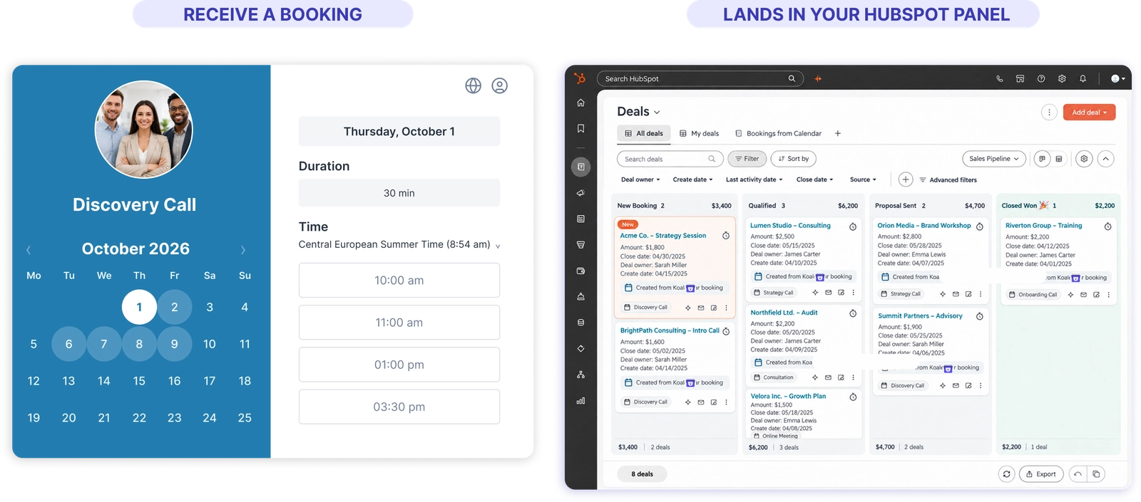 A Koalendar booking creating a contact and task in HubSpot via Zapier