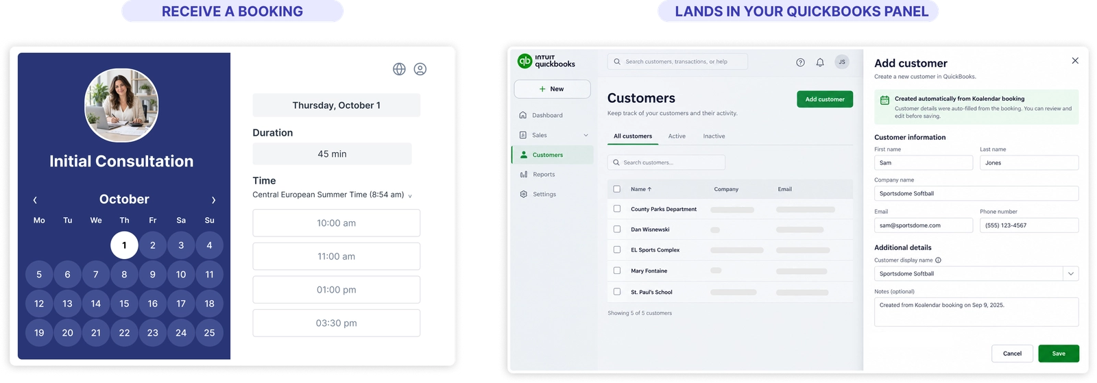 Koalendar booking connected to QuickBooks via a Zapier