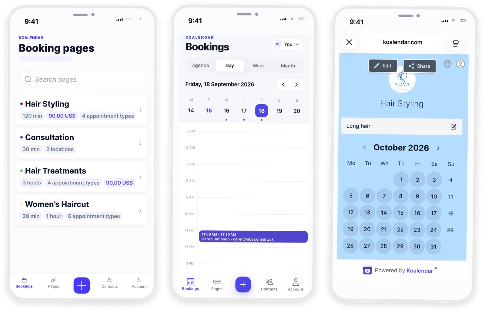 Koalendar iPhone app showing appointment booking and schedule