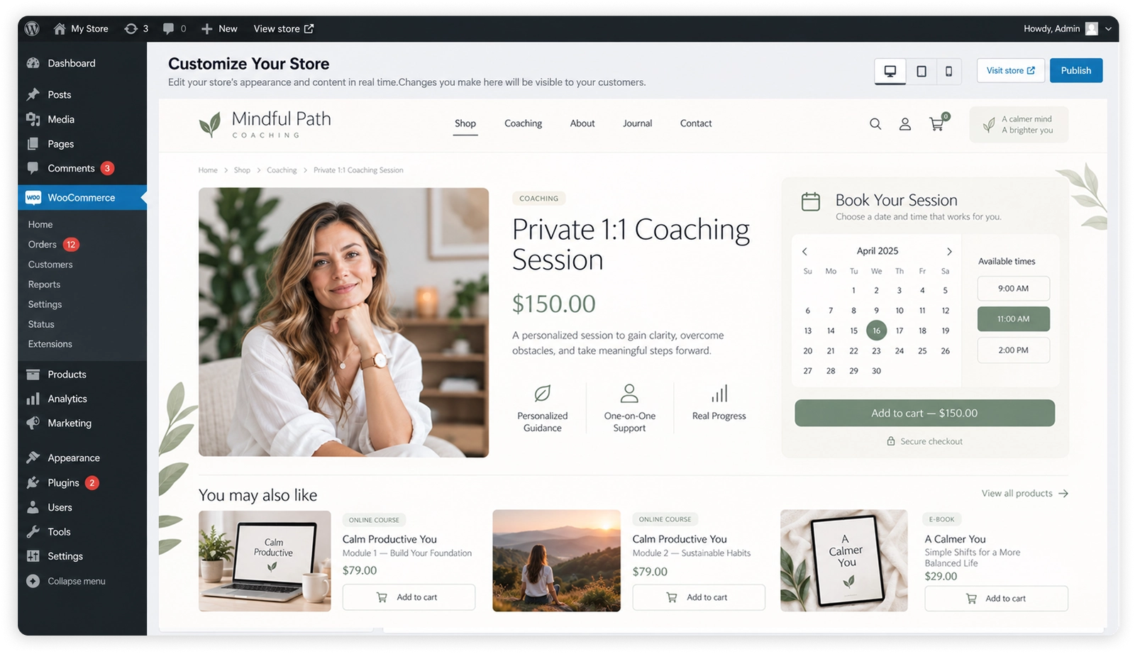 A Koalendar booking page embedded on a WooCommerce site