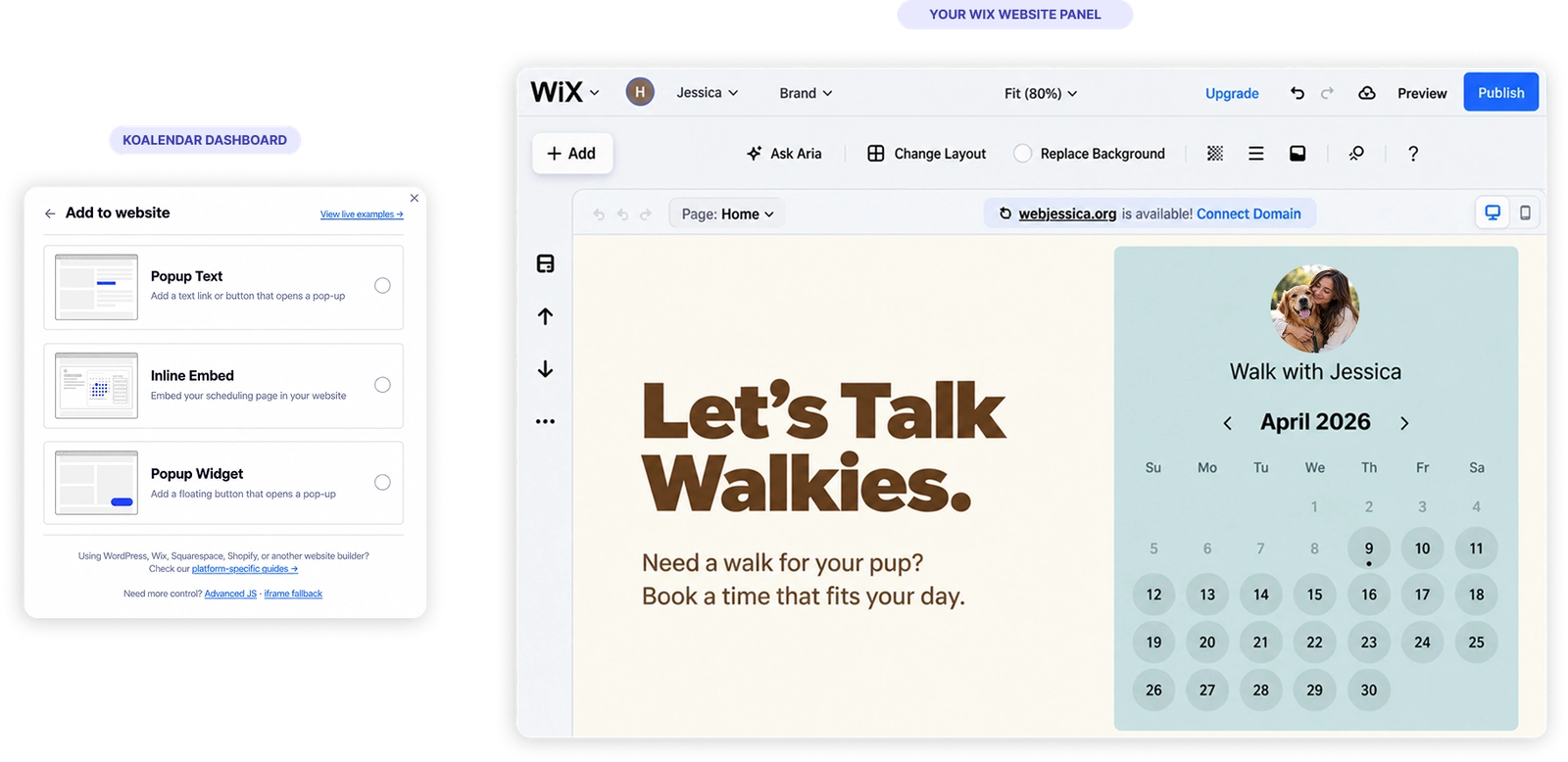 Koalendar booking page embedded on a Wix site