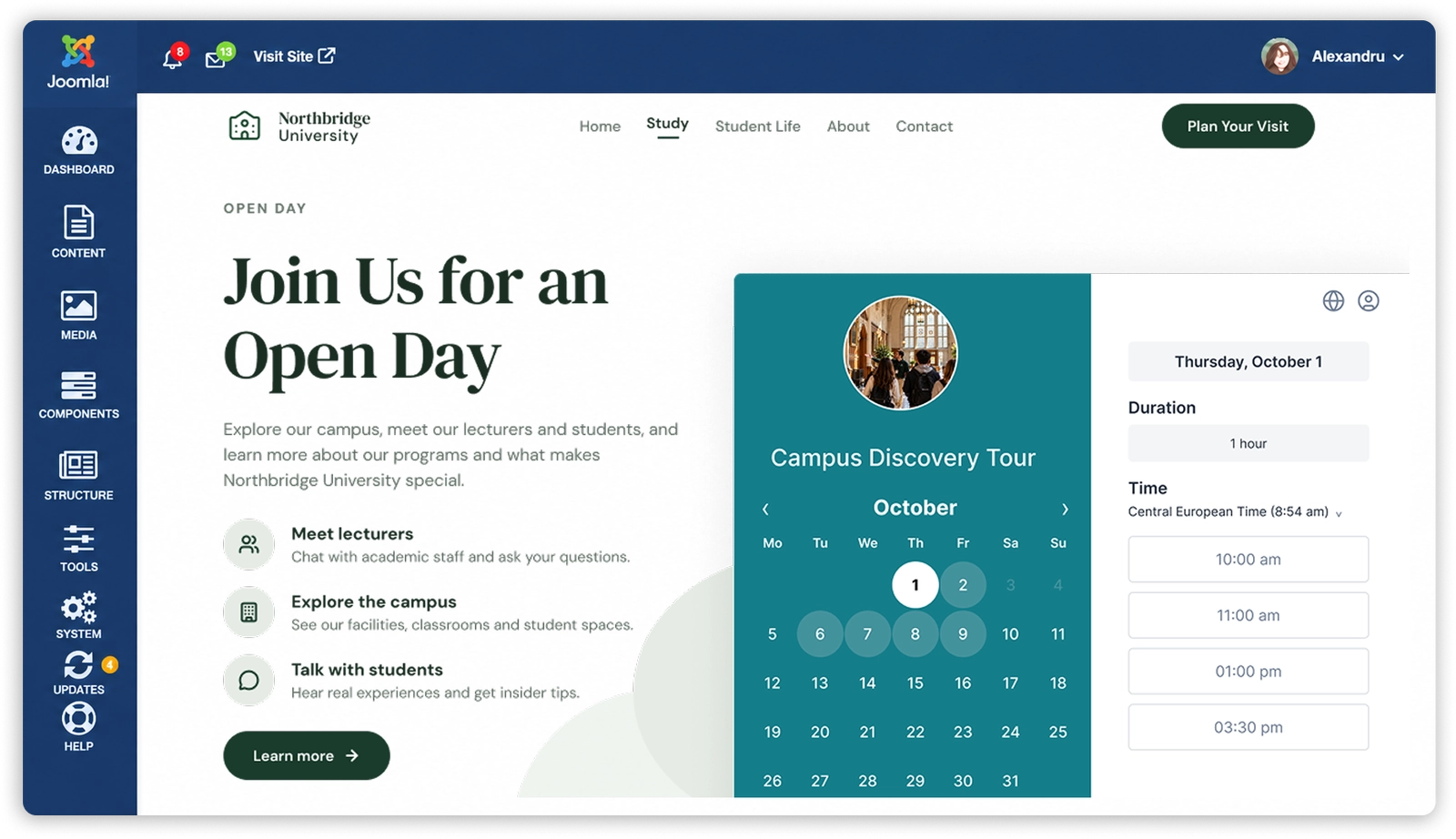 Koalendar booking page embedded on a Joomla website