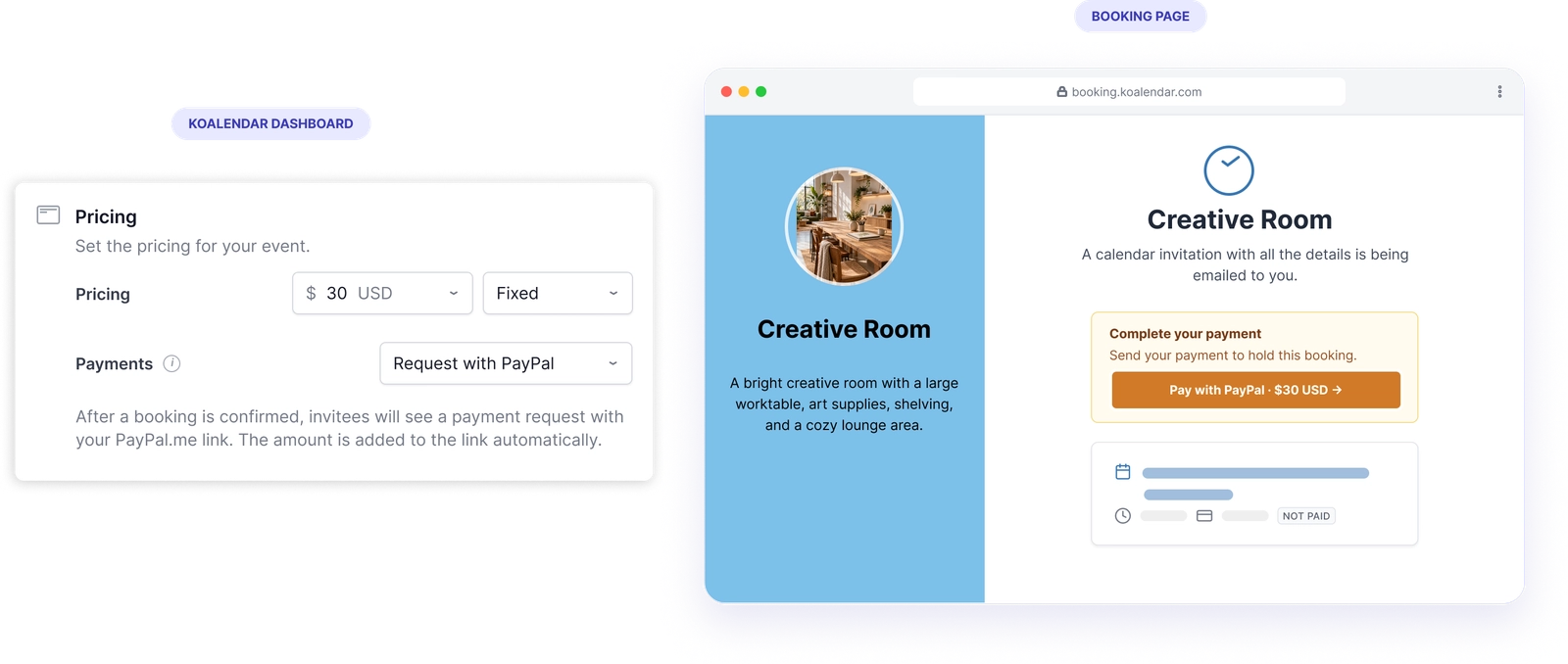 A Koalendar booking followed by a PayPal payment request