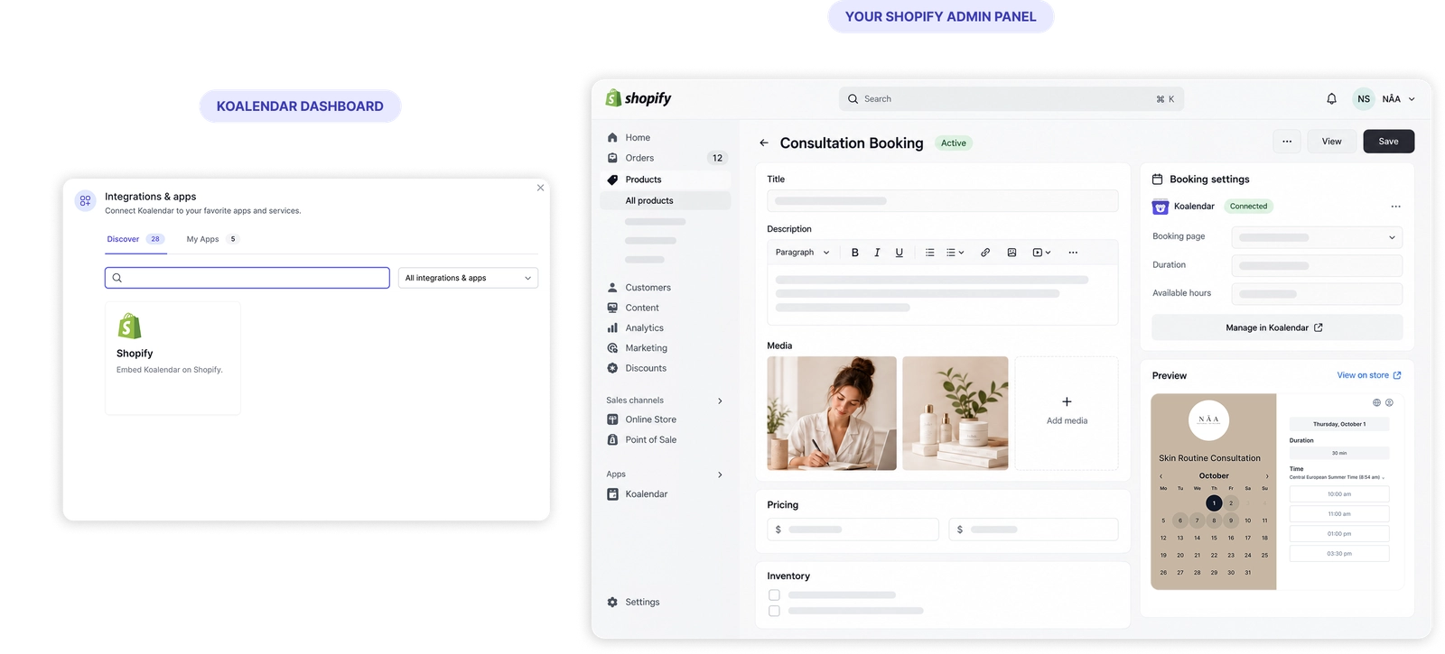 Koalendar booking page embedded in a Shopify store