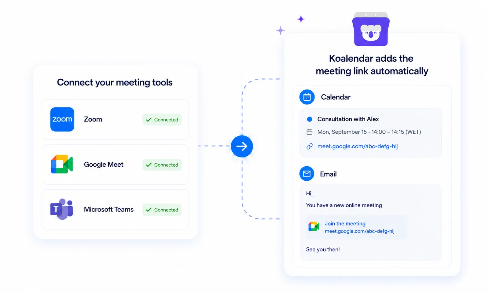 Capture d'écran de planification de réunions en ligne Koalendar