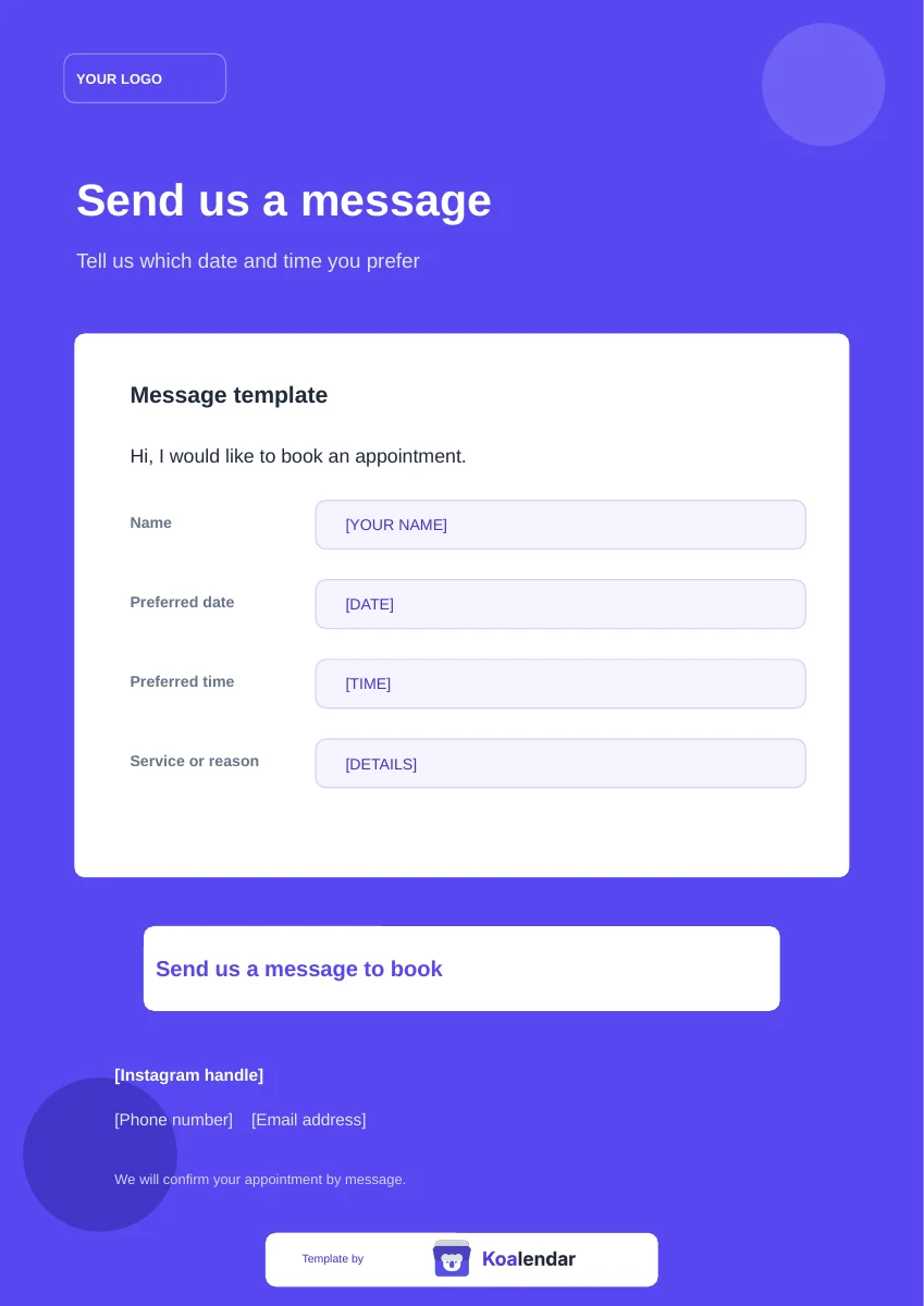 Send us a message to book page template with a message template for name, preferred date, preferred time, and service