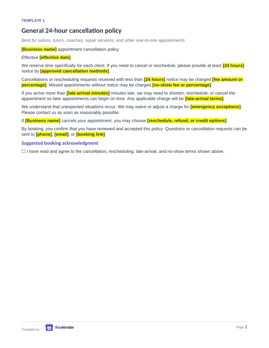 General 24-hour cancellation policy template with highlighted fields to replace