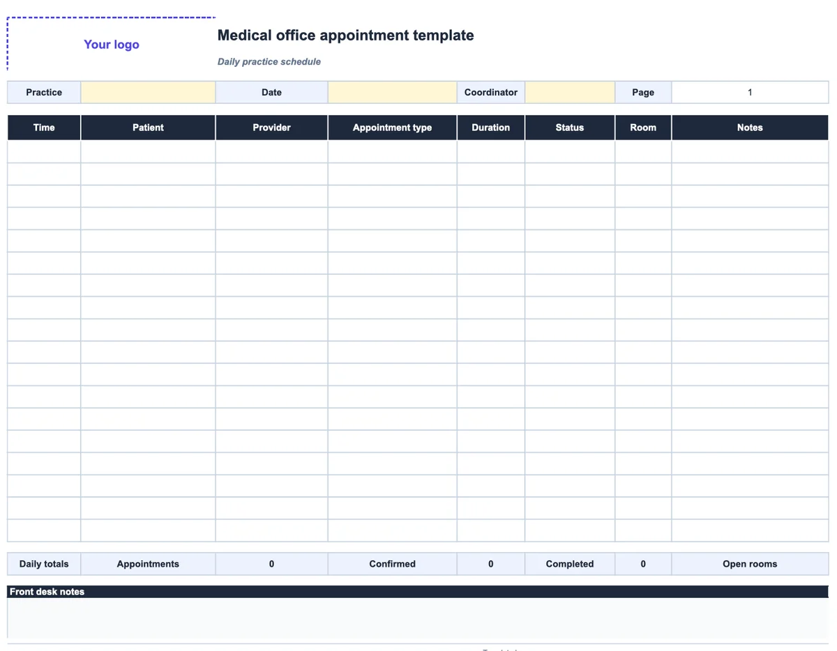 Medical office daily practice schedule with columns for time, patient, provider, appointment type, duration, status, room, and notes