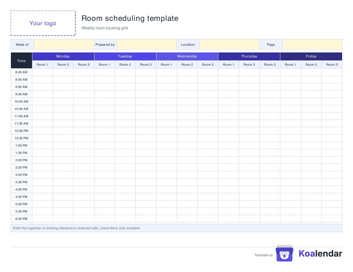 Weekly room booking grid with time rows and Monday to Friday columns split into Room 1, Room 2, and Room 3