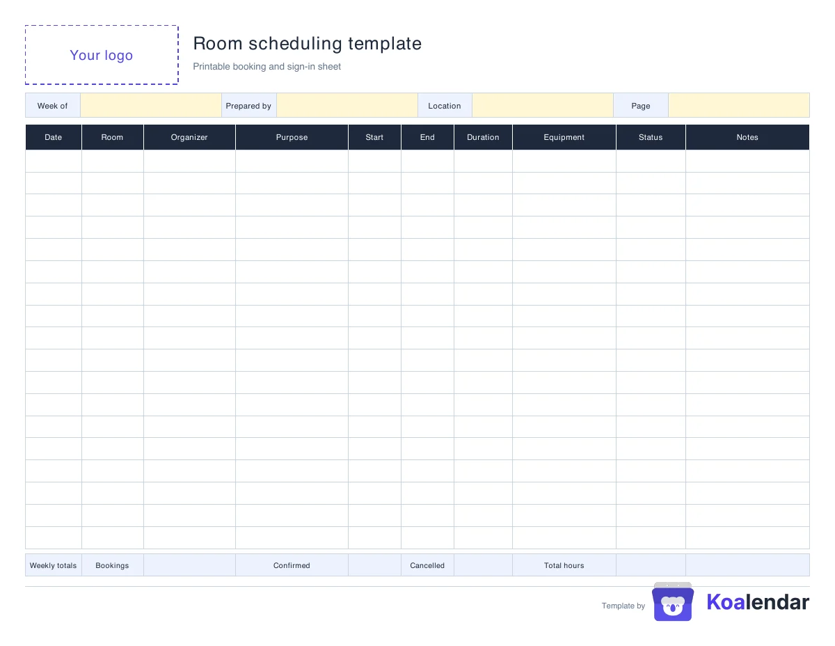 Room booking and sign-in sheet with columns for date, room, organizer, purpose, start, end, duration, equipment, status, and notes