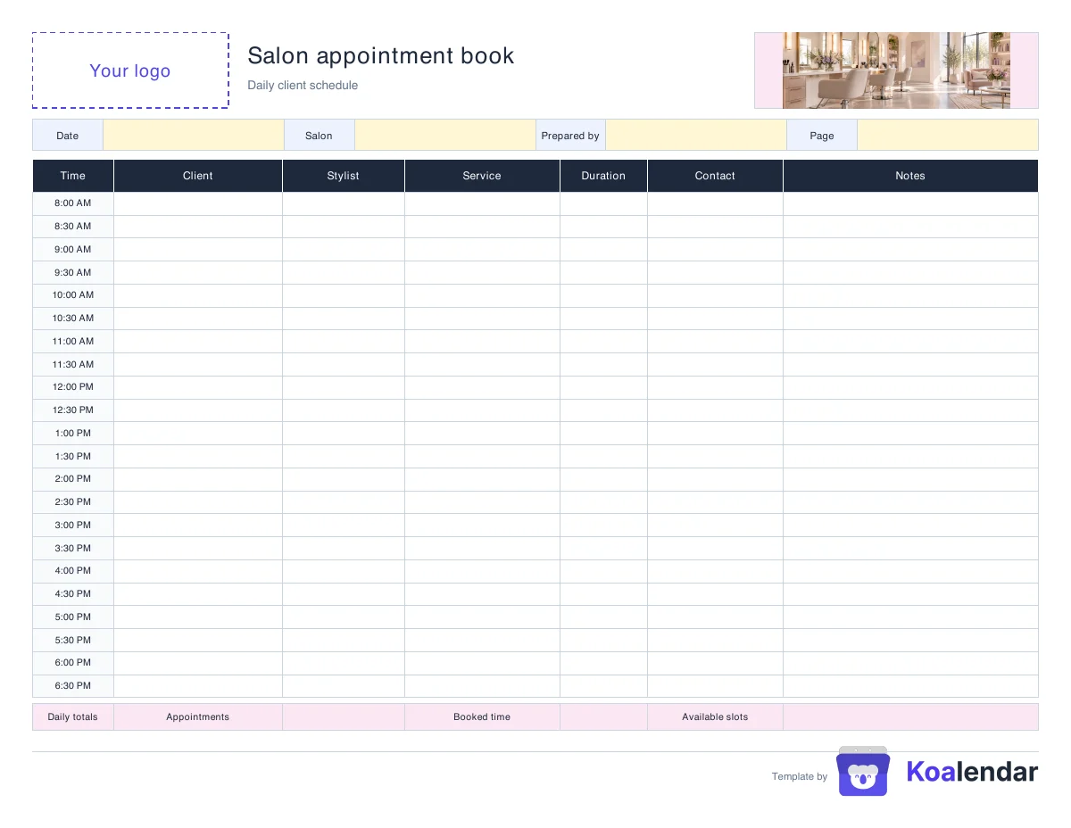 Daily salon appointment book page with half-hour times and columns for client, stylist, service, duration, contact, and notes