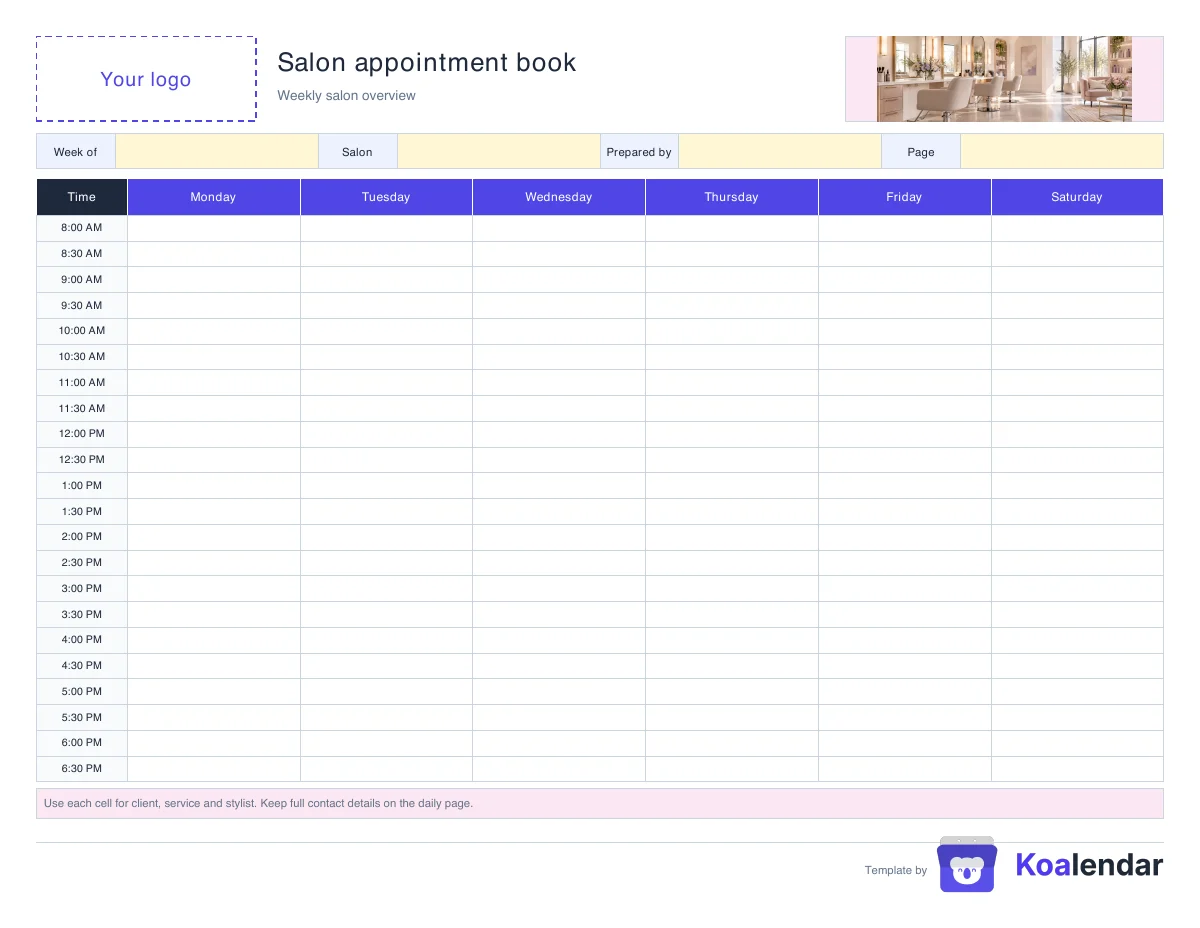 Weekly salon overview with half-hour time slots from Monday to Saturday