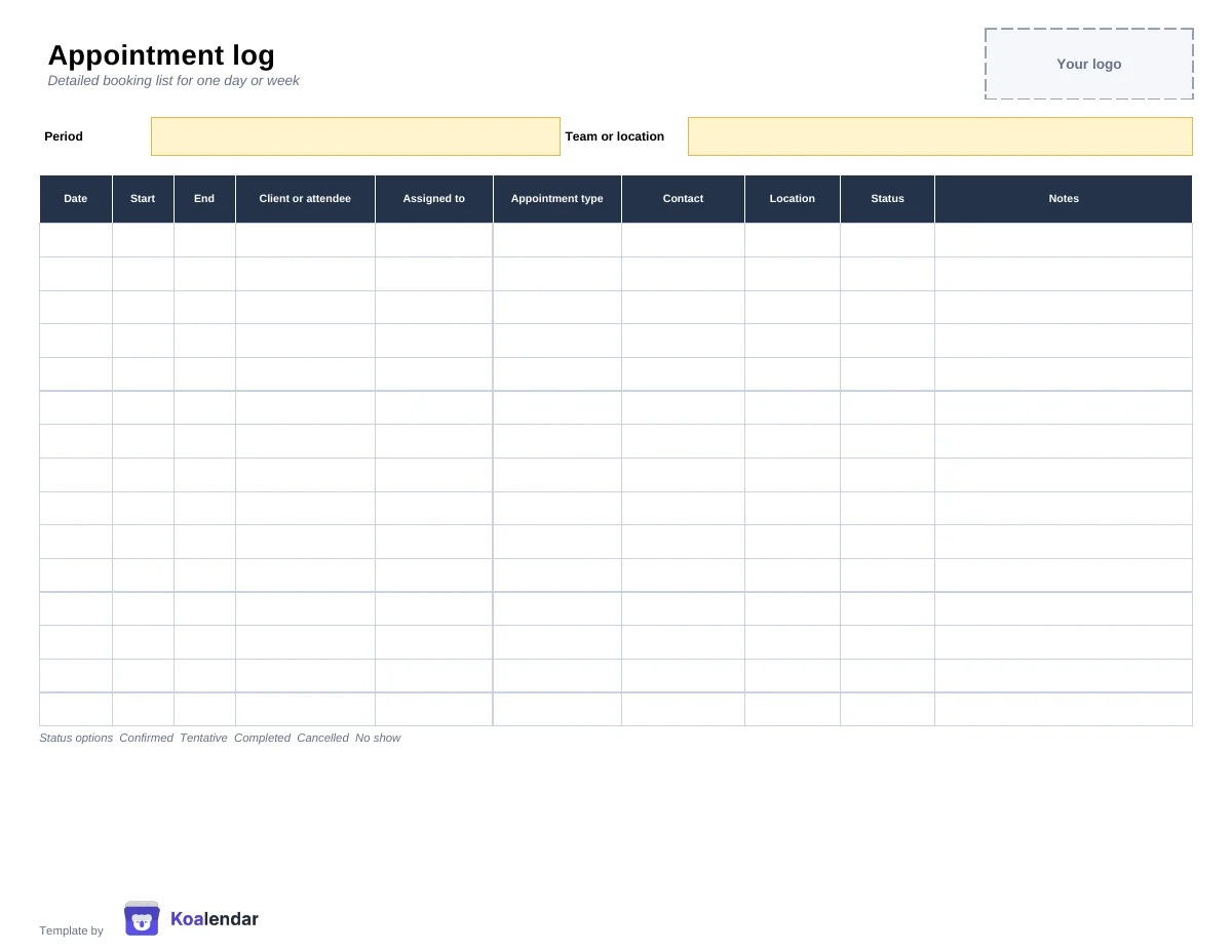 Appointment log template with columns for date, start, end, client, assigned to, appointment type, contact, location, status, and notes